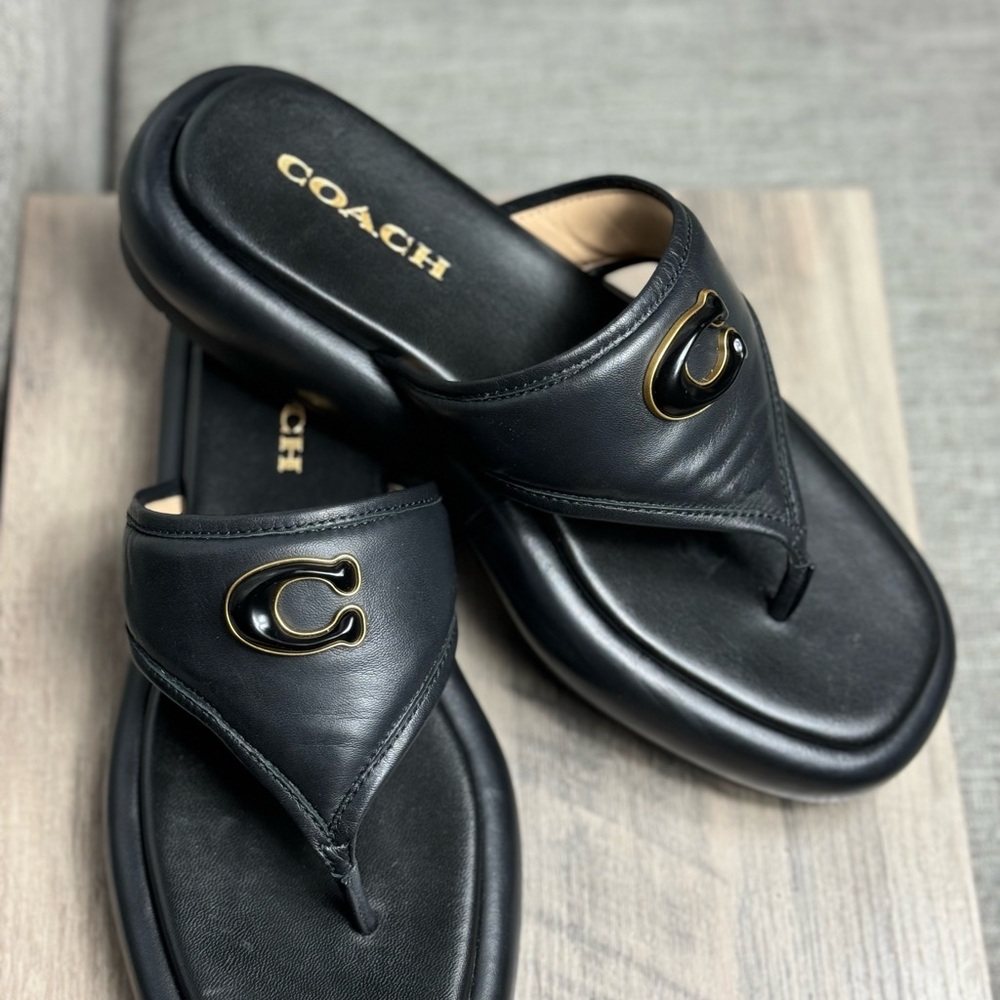 COACH Sylvie Logo Leather Platform Sandals Black , Size 8.5